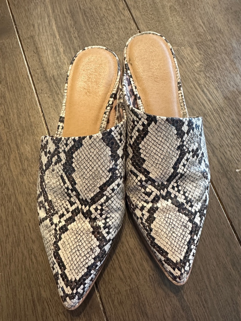 Pointed Toe Snake Print Slip-On Mules - Neutral